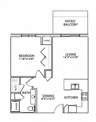 Floor plan for 1 bed, 1 bath, 700 sqft